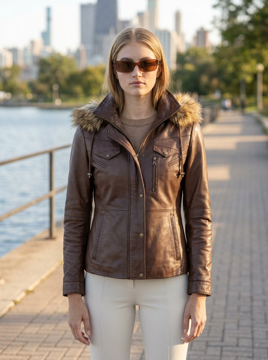 Sienna Women's Brown Leather Jacket With Fur Hood