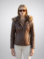 Sienna Women's Brown Leather Jacket With Fur Hood