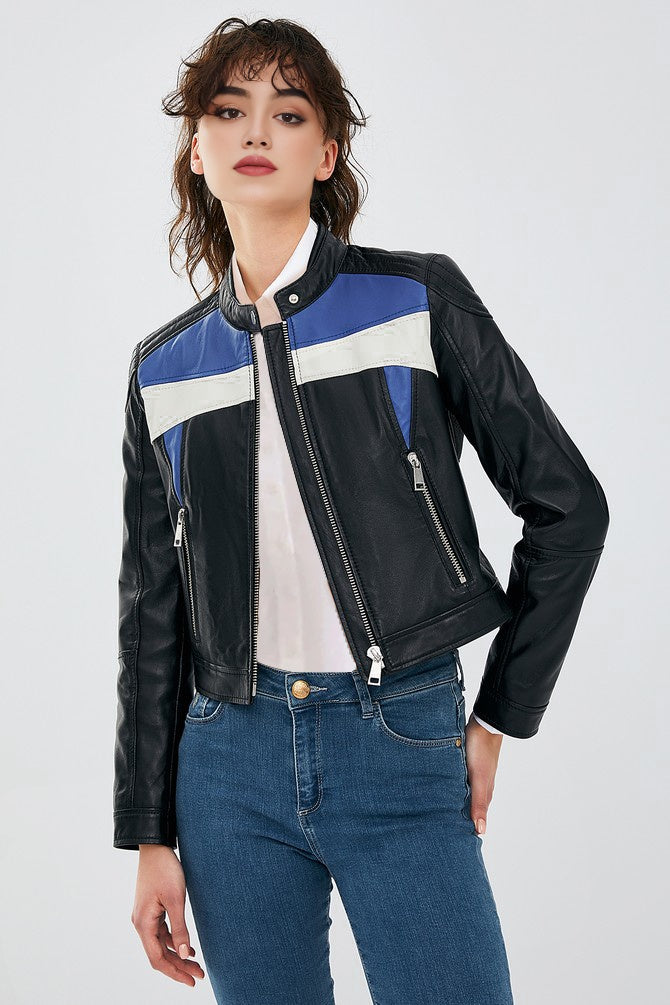 Blue Carol Casual Leather Jacket For Women