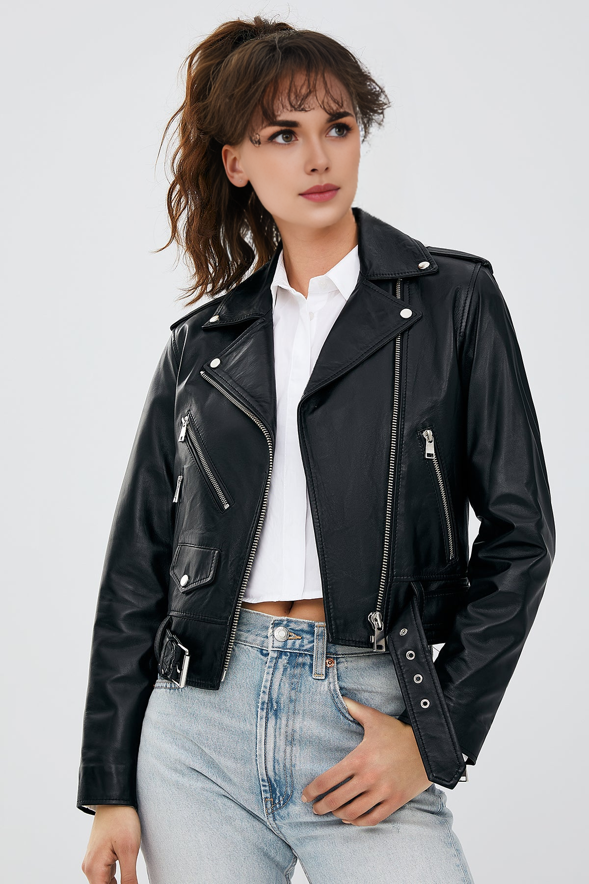 Slim-Fit Black Biker Leather Jacket For Women