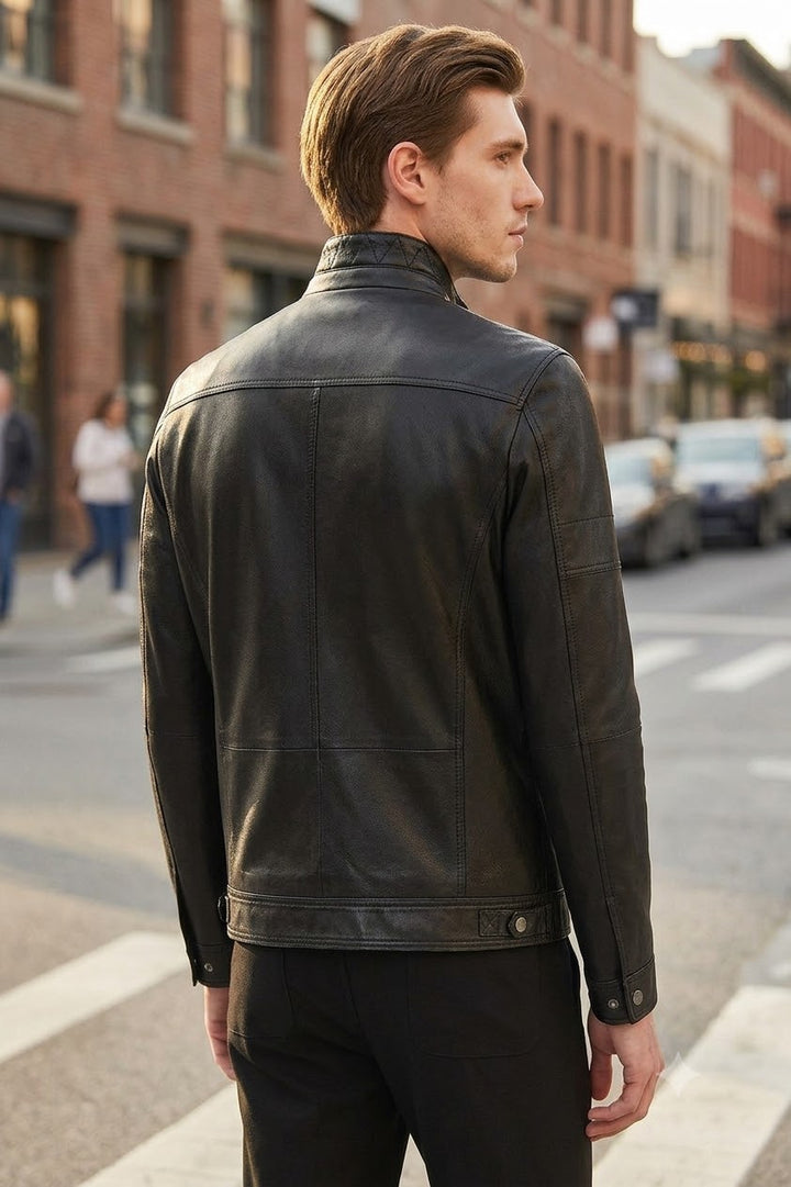 Wade Slim-Fit Black Leather Jacket For Men