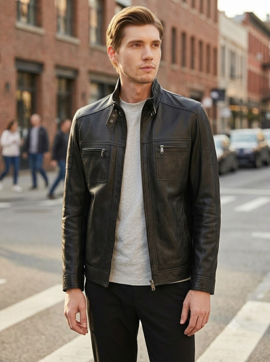 Wade Slim-Fit Black Leather Jacket For Men