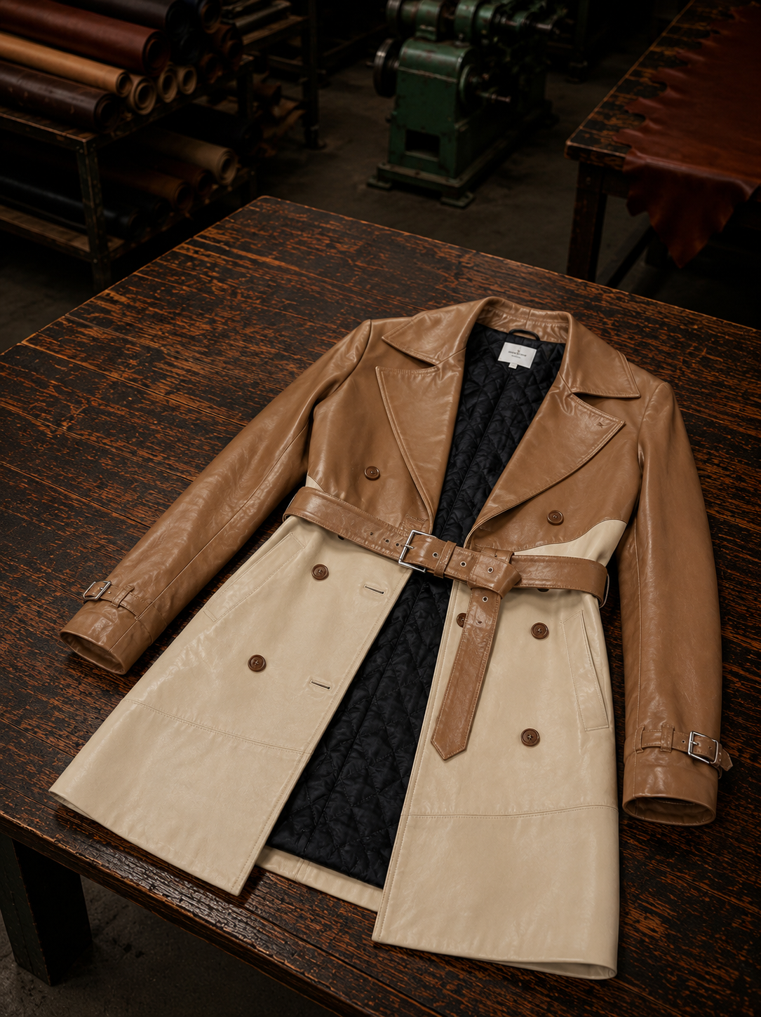 Sofia Women's Beige Garnished Cappuccino Leather Trench Coat