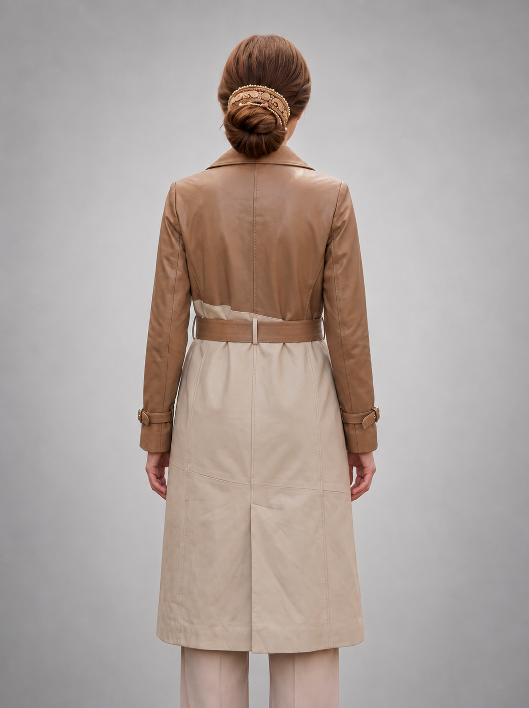 Sofia Women's Beige Garnished Cappuccino Leather Trench Coat