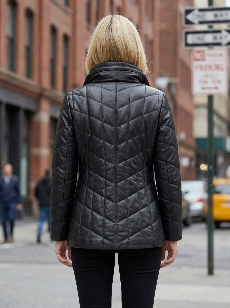 Sophia Black High Collar Leather Jacket For Women