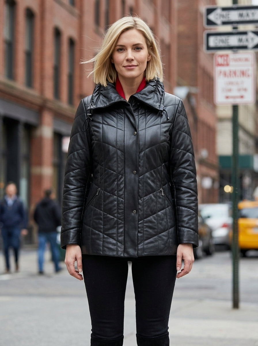 Sophia Black High Collar Leather Jacket For Women