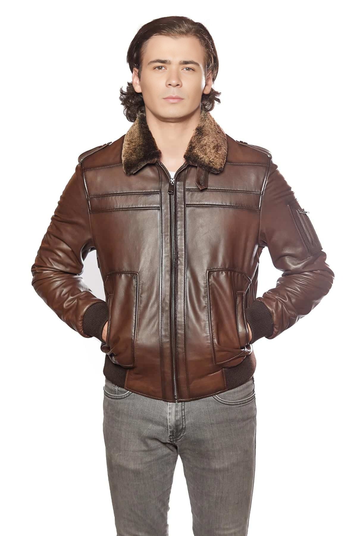 Christian Men Brown Fur Collar Leather Jacket