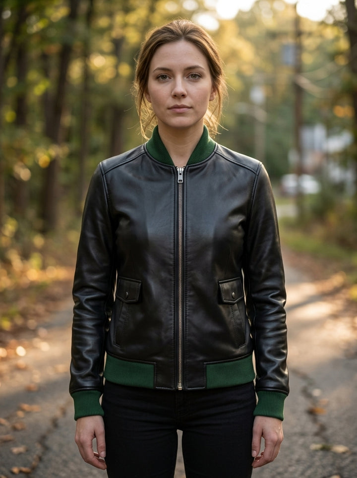Stark Black Bomber Leather Jacket For Women