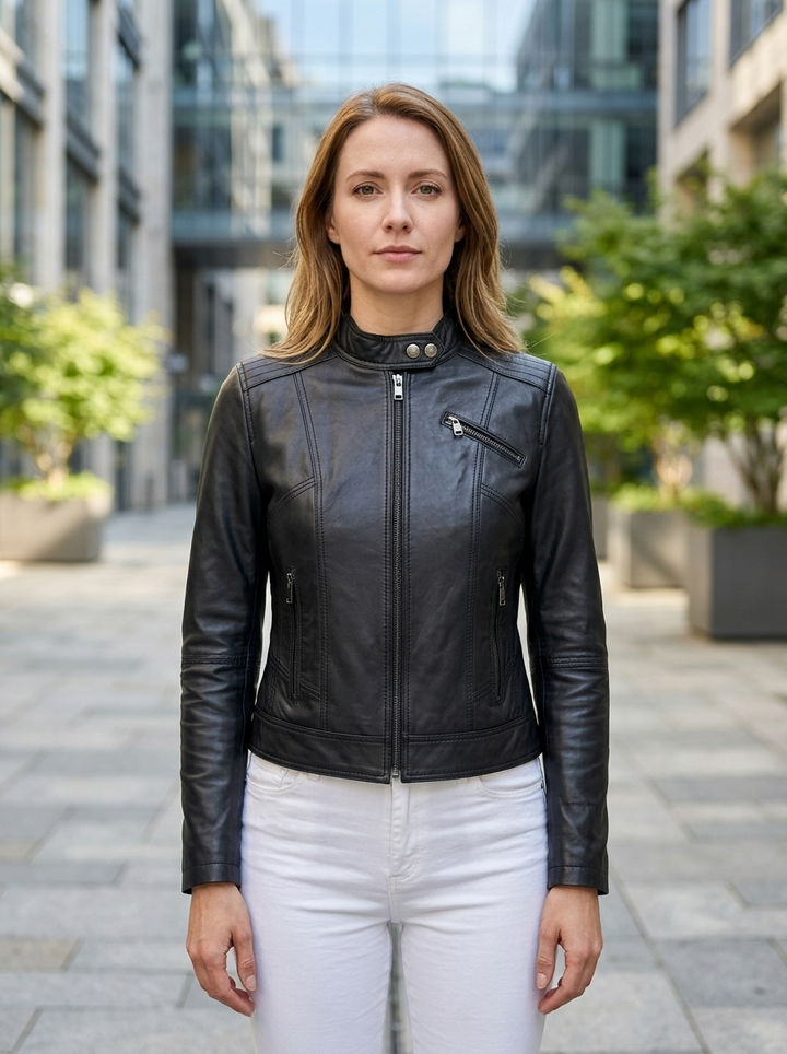 Street Style Motor Bike Black Leather Jacket For Women