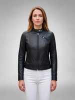 Street Style Motor Bike Black Leather Jacket For Women