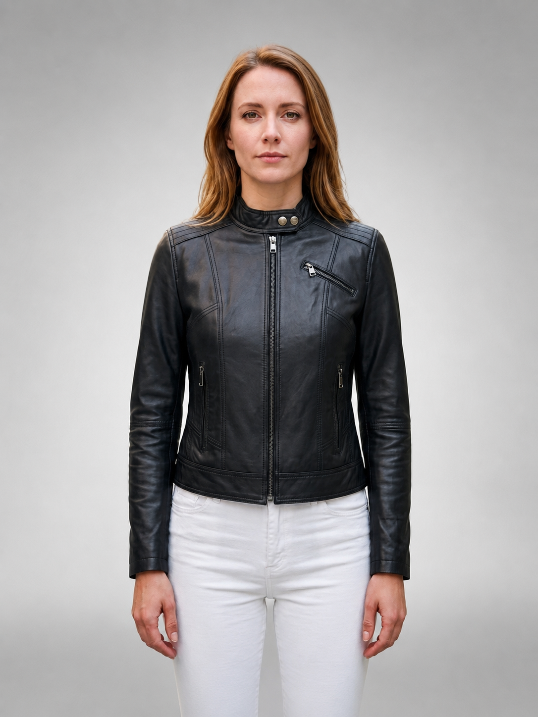 Street Style Motor Bike Black Leather Jacket For Women