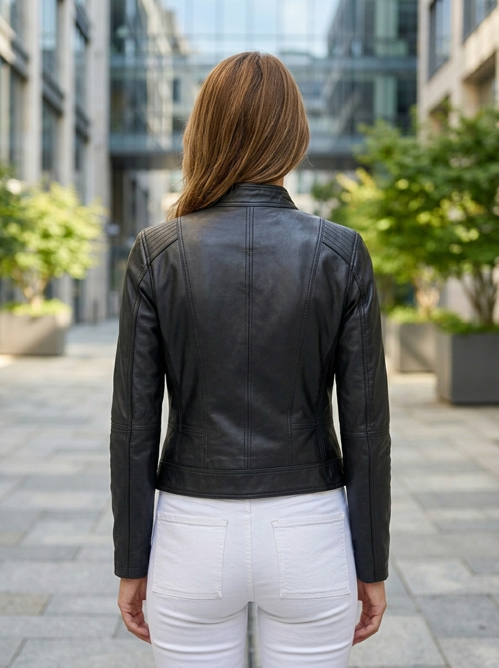Street Style Motor Bike Black Leather Jacket For Women