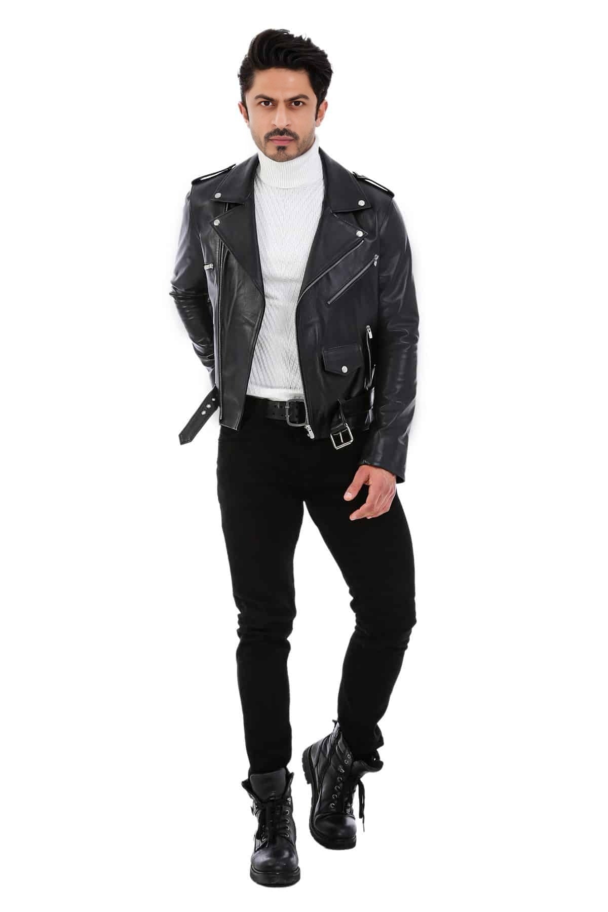 Terrance Men's Black Stylish Leather Jacket With Front Belt Closure