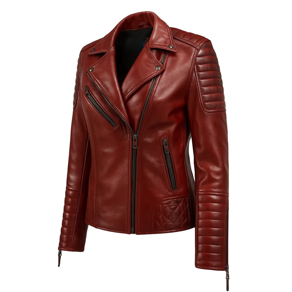 Stylish Women’s Merlot Red Quilted Leather Moto Jacket