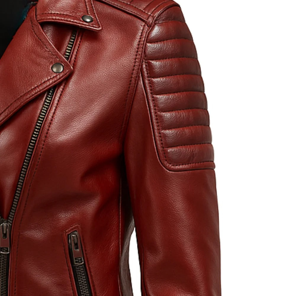 Stylish Women’s Merlot Red Quilted Leather Moto Jacket
