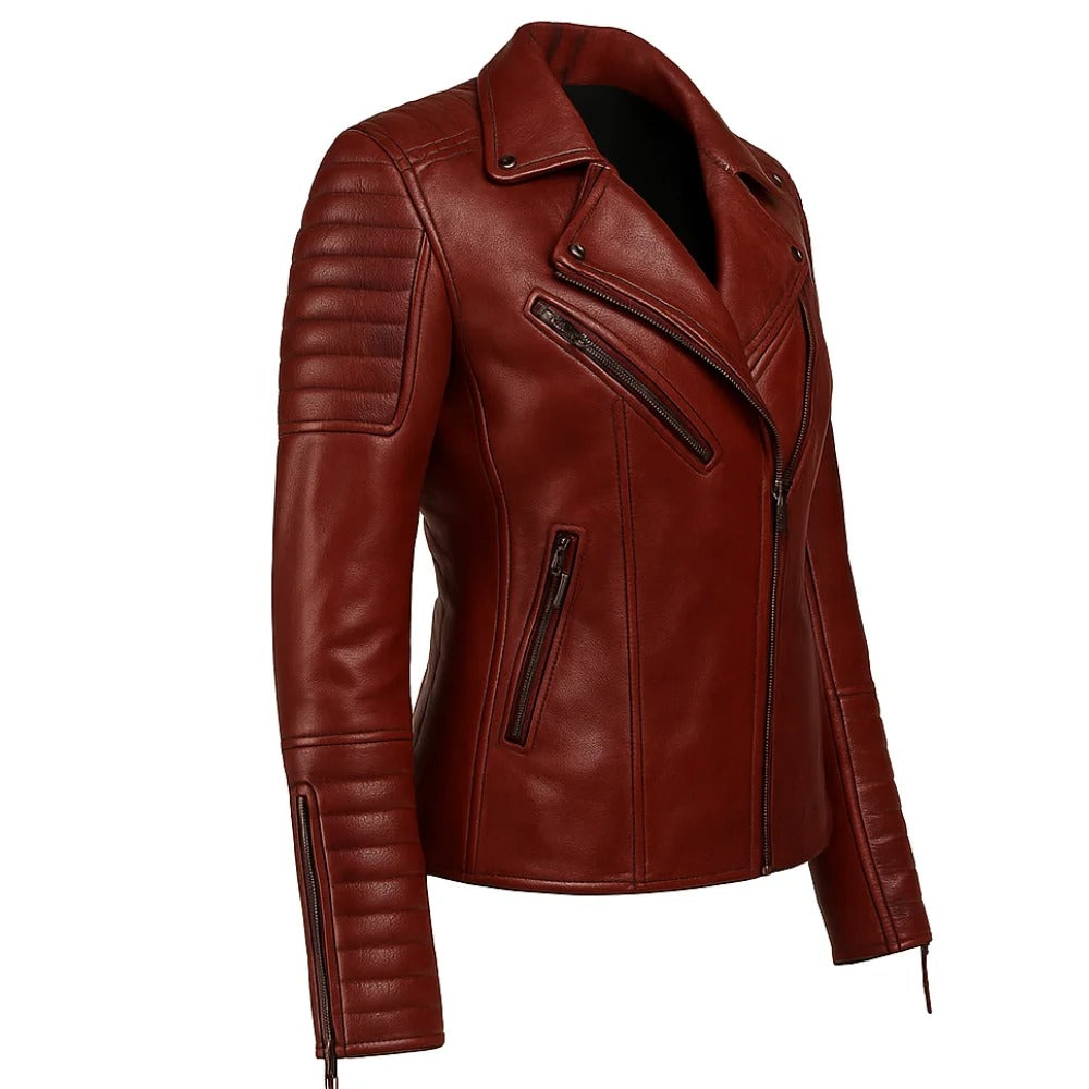 Stylish Women’s Merlot Red Quilted Leather Moto Jacket