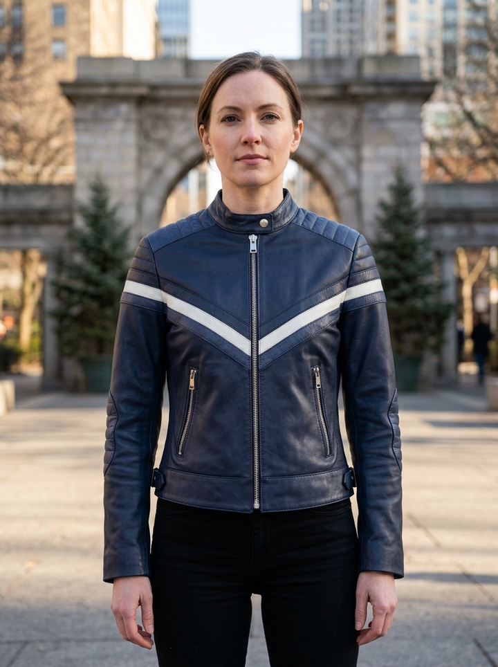 Navy Stylish Black Women Leather Jacket With Beautiful Blue & White Color