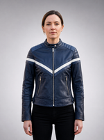 Navy Stylish Black Women Leather Jacket With Beautiful Blue & White Color