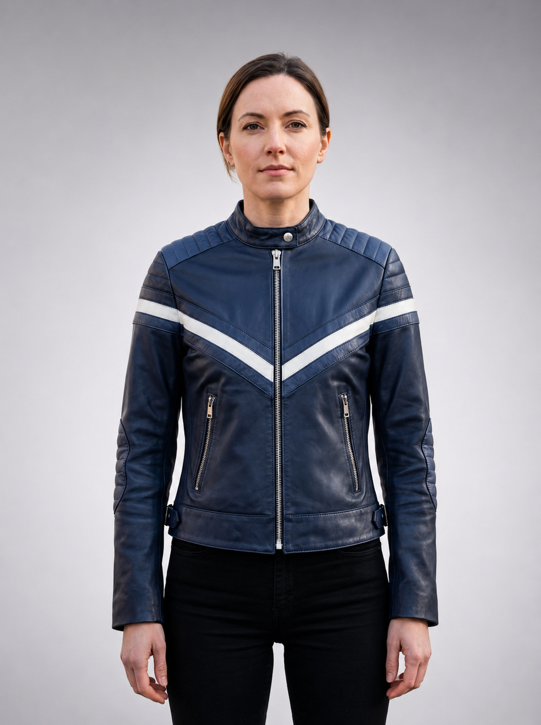 Navy Stylish Black Women Leather Jacket With Beautiful Blue & White Color