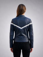 Navy Stylish Black Women Leather Jacket With Beautiful Blue & White Color