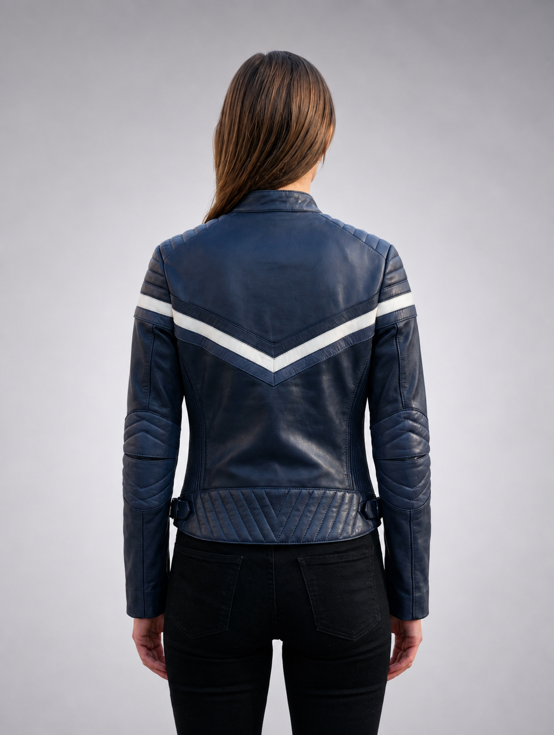 Navy Stylish Black Women Leather Jacket With Beautiful Blue & White Color