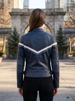 Navy Stylish Black Women Leather Jacket With Beautiful Blue & White Color