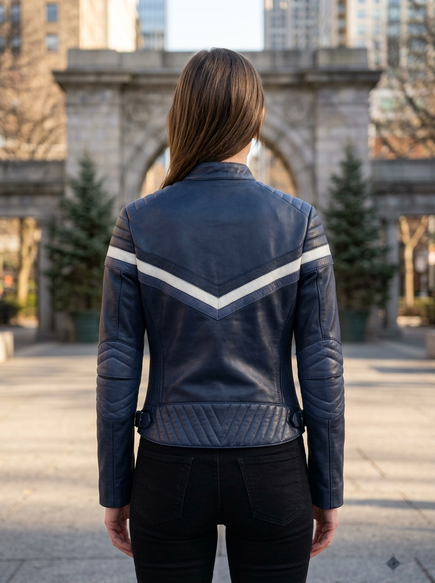 Navy Stylish Black Women Leather Jacket With Beautiful Blue & White Color