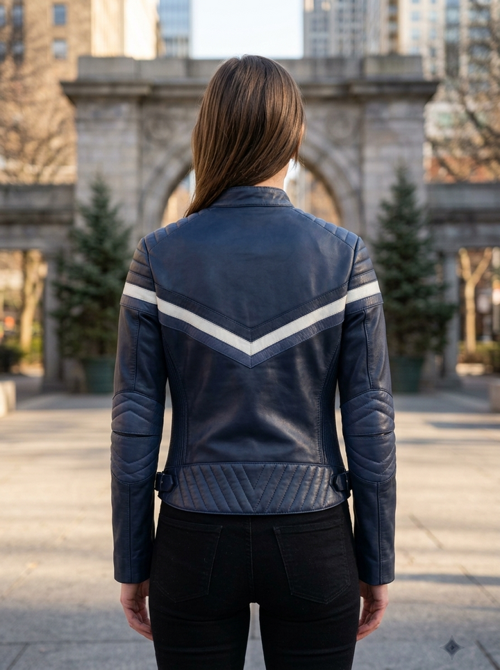 Navy Stylish Black Women Leather Jacket With Beautiful Blue & White Color
