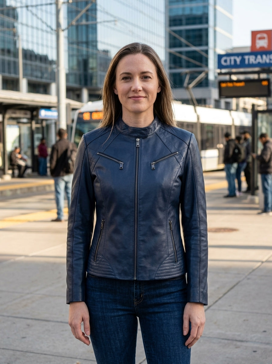 Sydney Blue Leather Jacket for Women