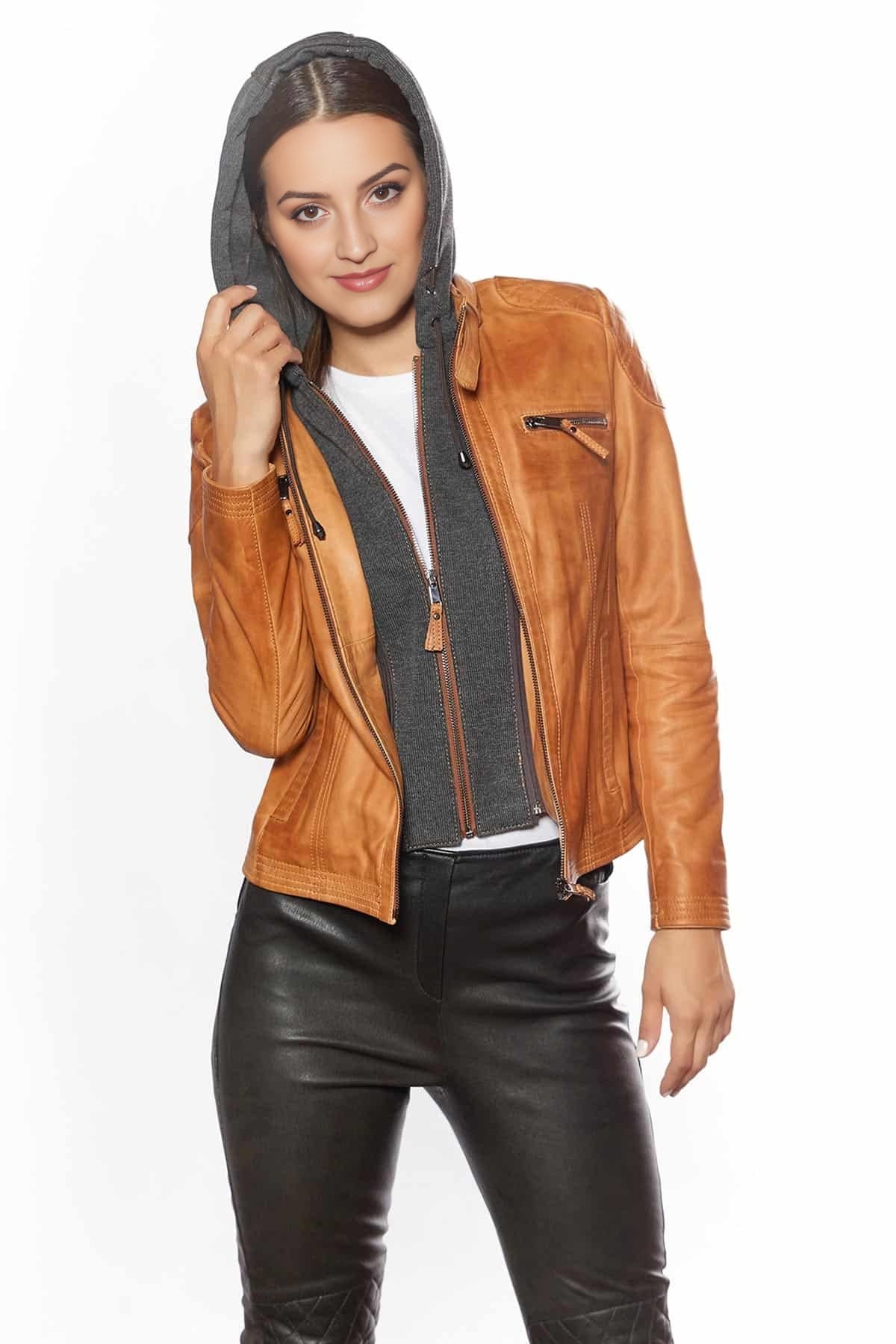 Katrina With Stylish Look Women Orange Leather Jacket With Hood