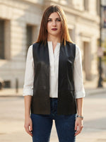 Tawana Vest Black Front Open Leather Jacket For Women