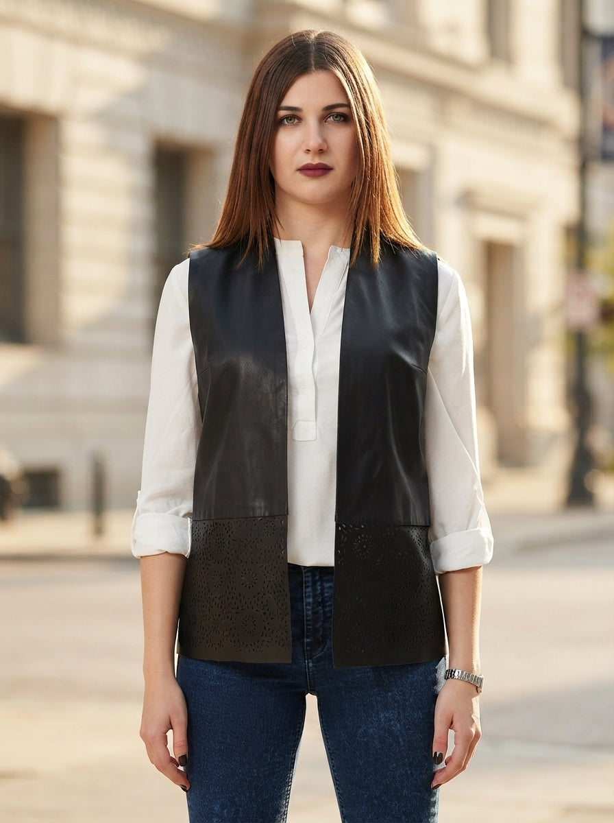 Tawana Vest Black Front Open Leather Jacket For Women