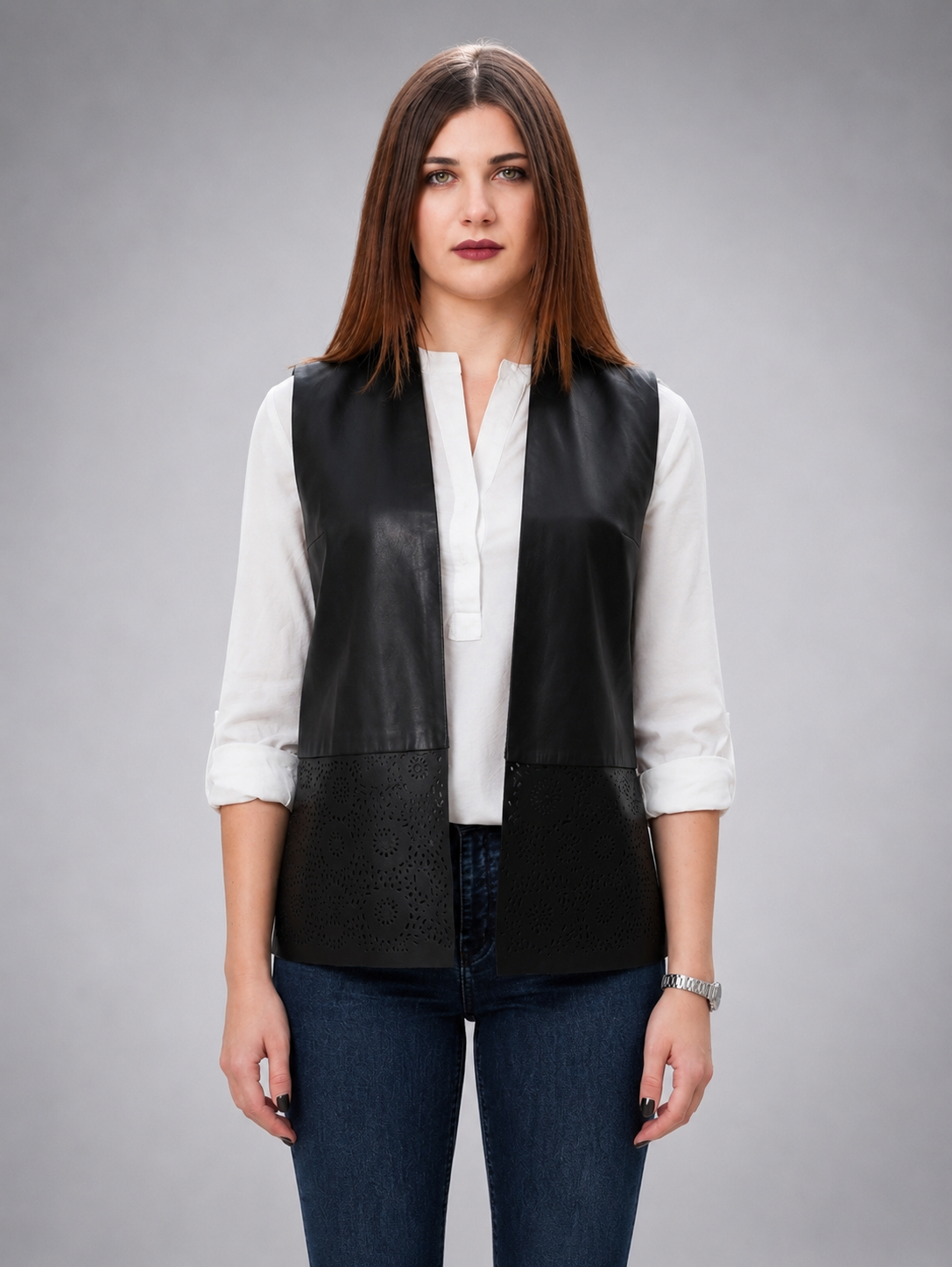 Tawana Vest Black Front Open Leather Jacket For Women