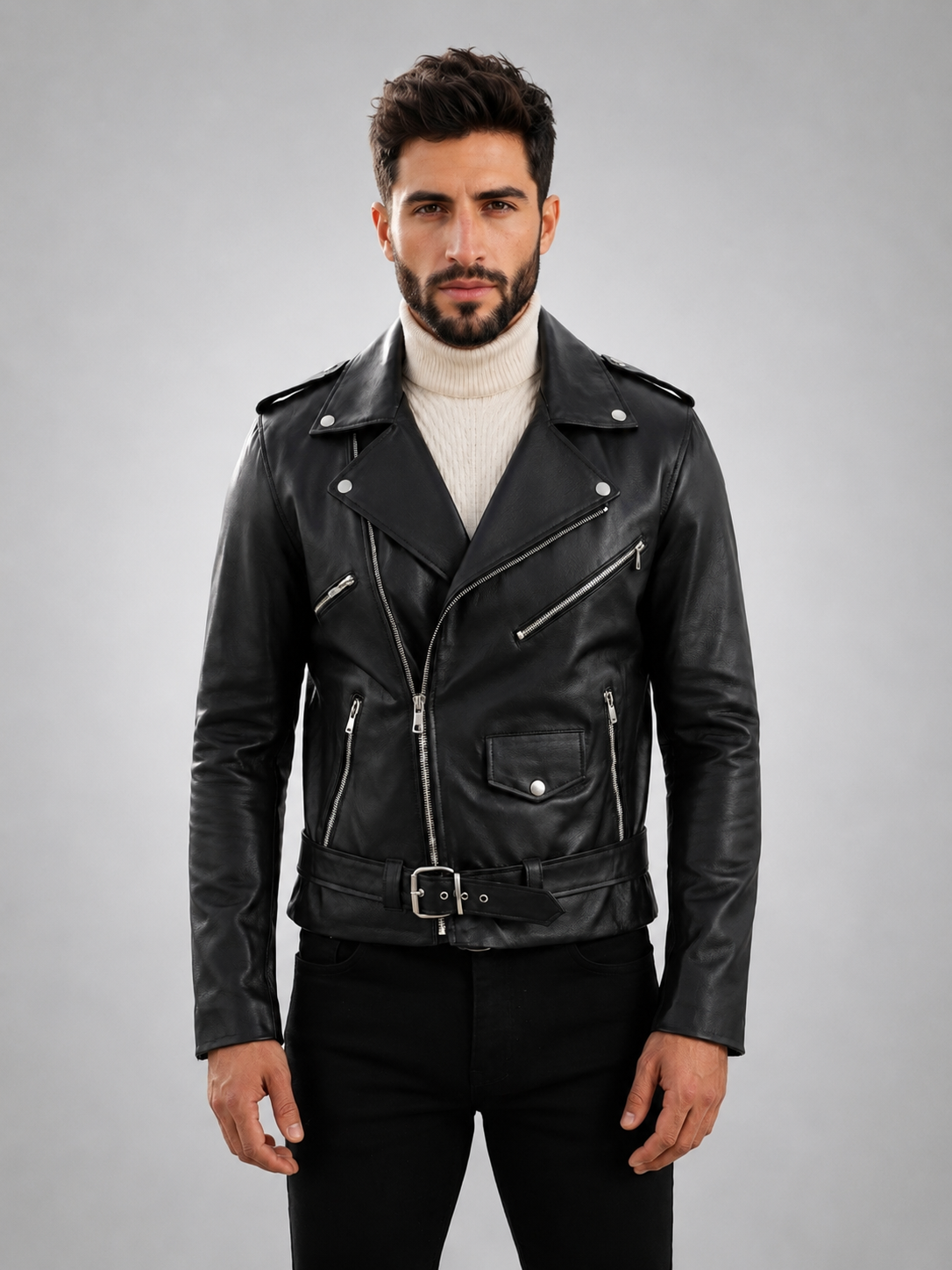 Terrance Men's Black Stylish Leather Jacket With Front Belt Closure