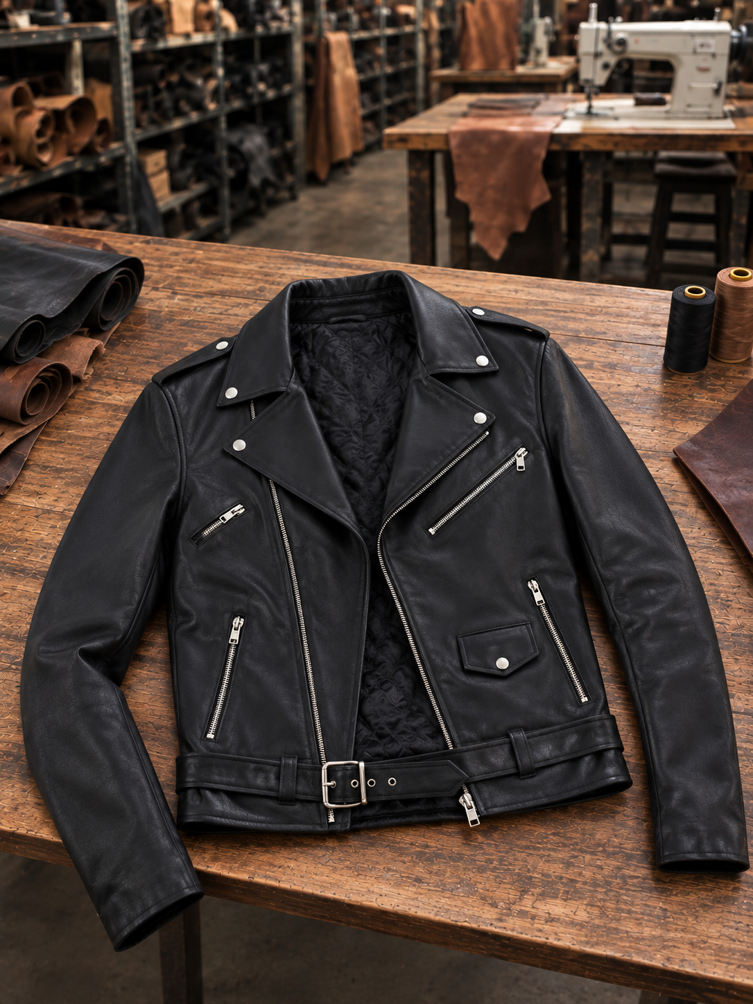 Terrance Men's Black Stylish Leather Jacket With Front Belt Closure