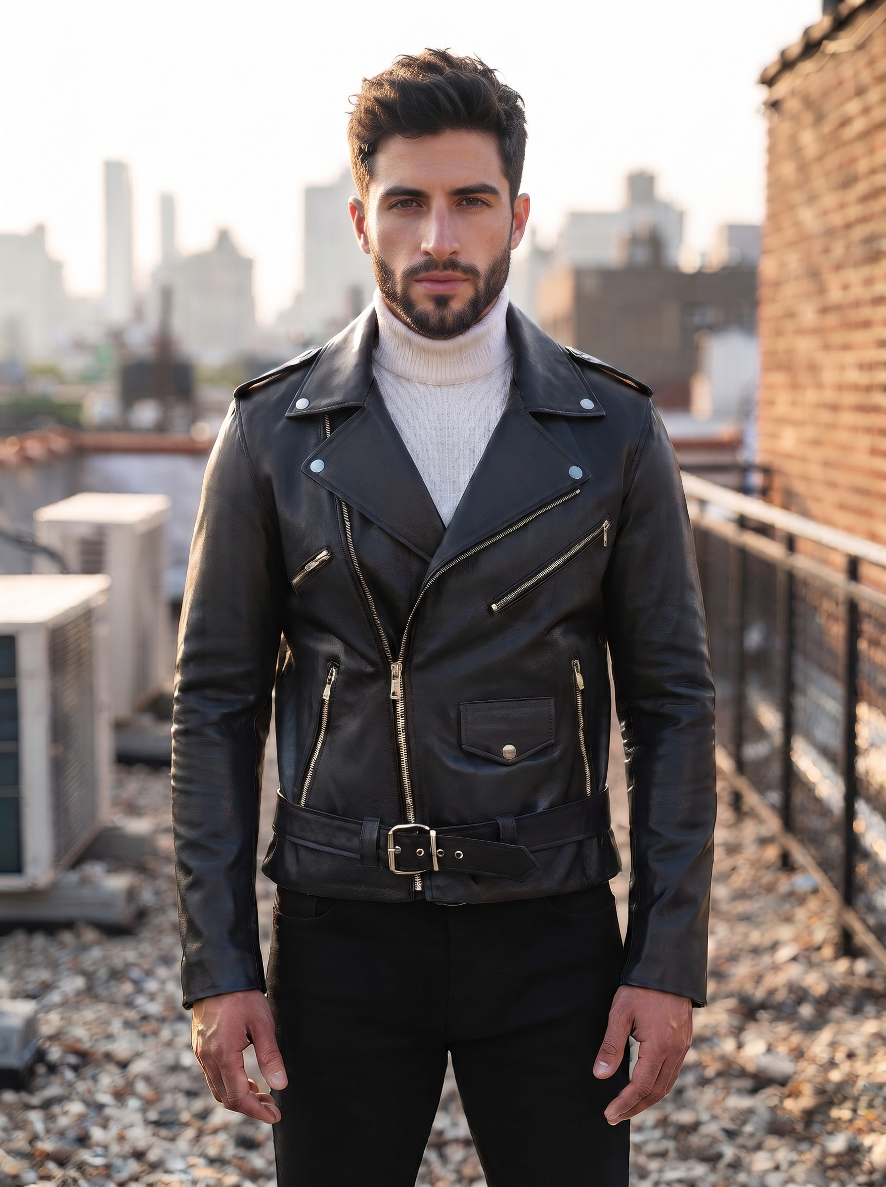 Terrance Men's Black Stylish Leather Jacket With Front Belt Closure