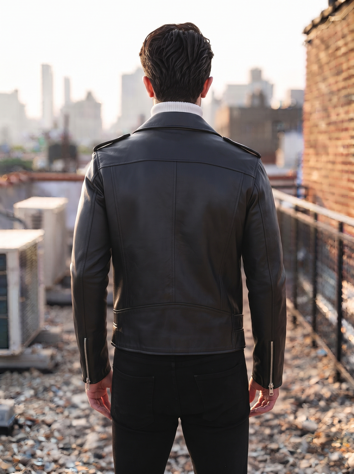 Terrance Men's Black Stylish Leather Jacket With Front Belt Closure