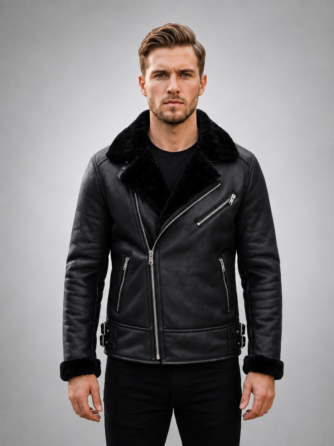 Theodore Black Fur Collar Leather Jacket For Men