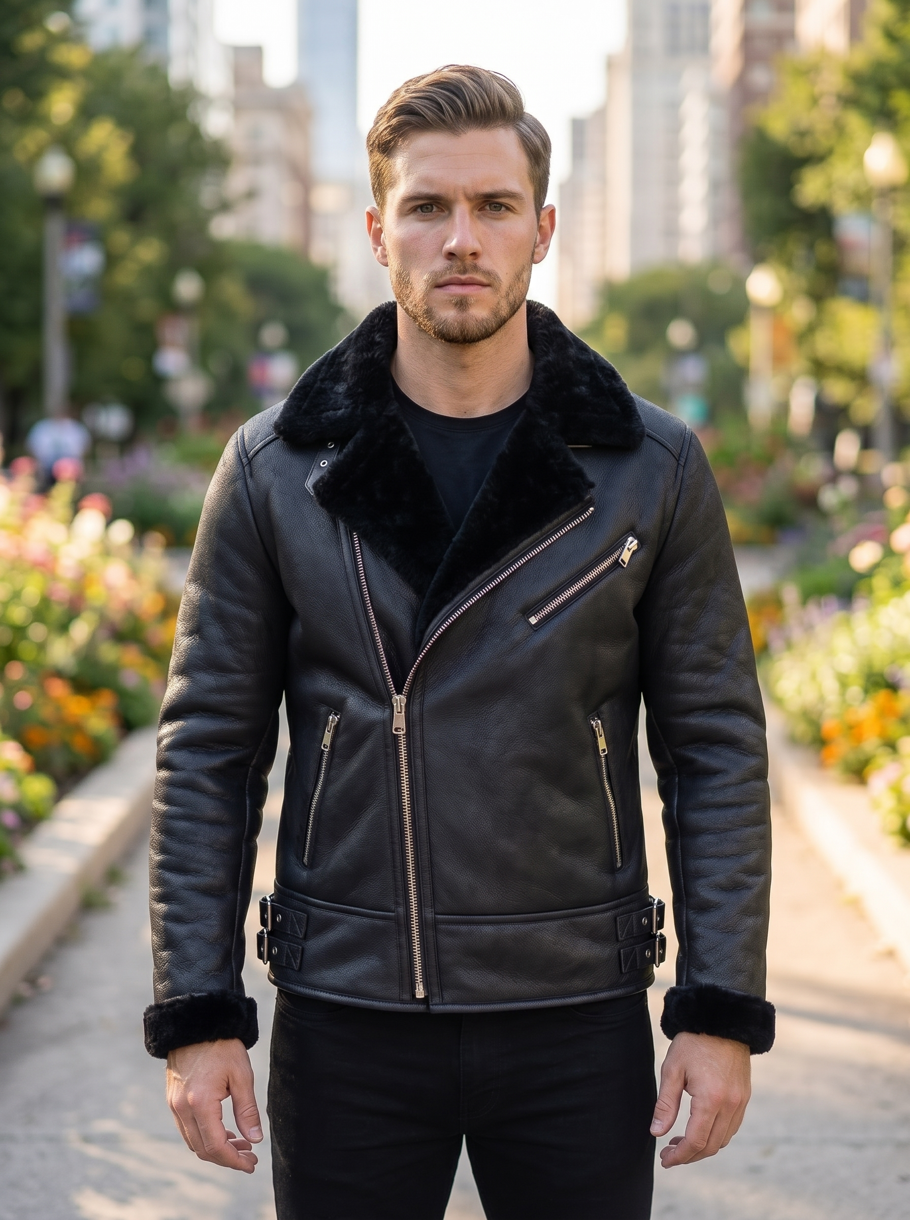 Theodore Black Fur Collar Leather Jacket For Men