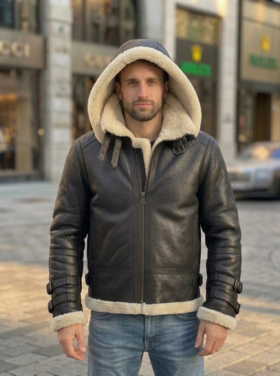Tom B3 Fur Distressed Men Black Leather Jacket