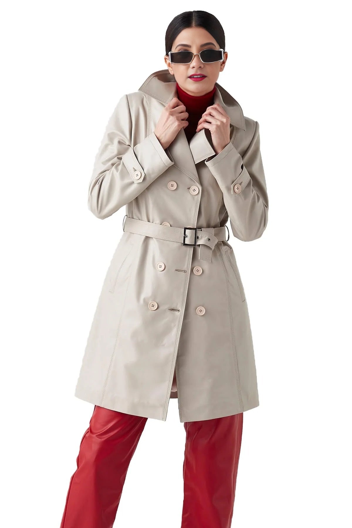 Women White High Collar Leather Coat