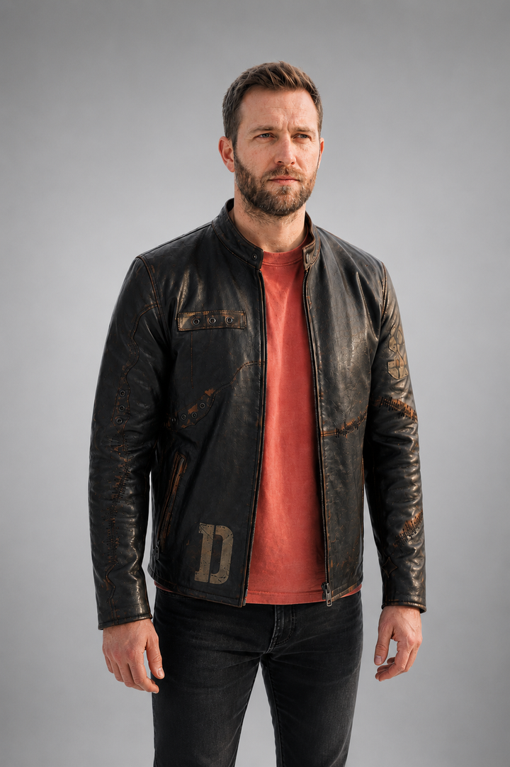 Trendy Distressed Black Leather Jacket For Men