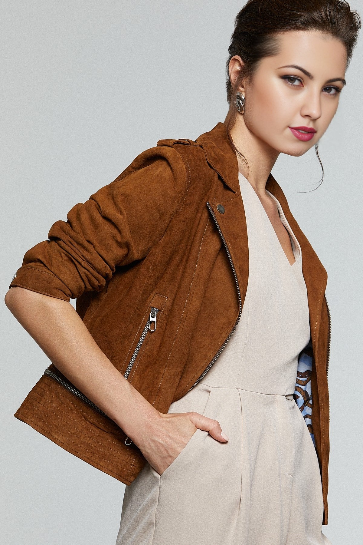 Brown Suede Biker Leather Jacket For Women