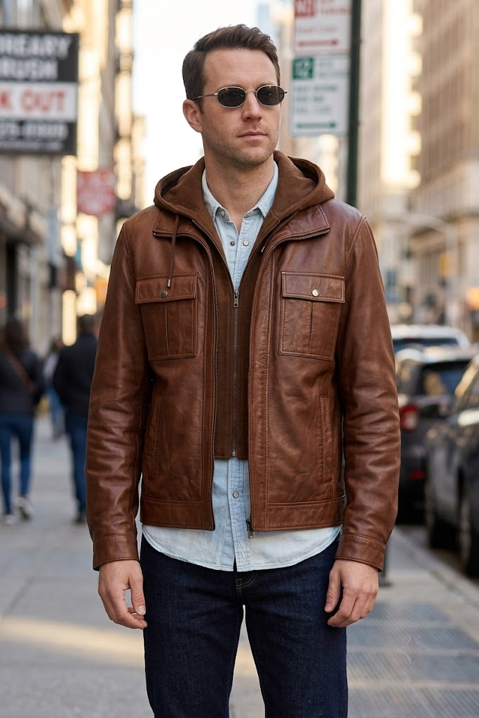 Tyler Brown Shirt Hood leather Jacket For Men