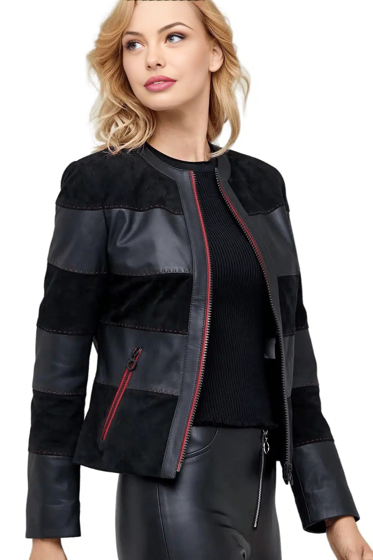 Juliana Black Suede & Leather Jacket For Women