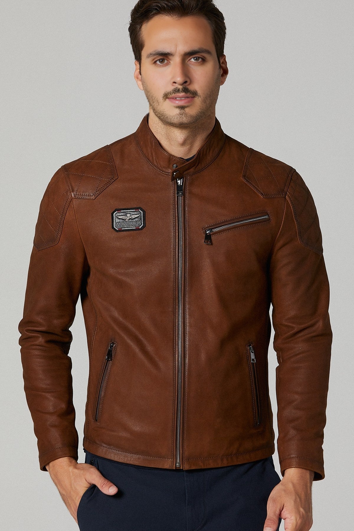 Rouge Motorcycle Leather Jacket for Men - Brown