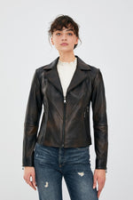 Natalie Distressed Black Waxed Sheepskin Leather Jacket