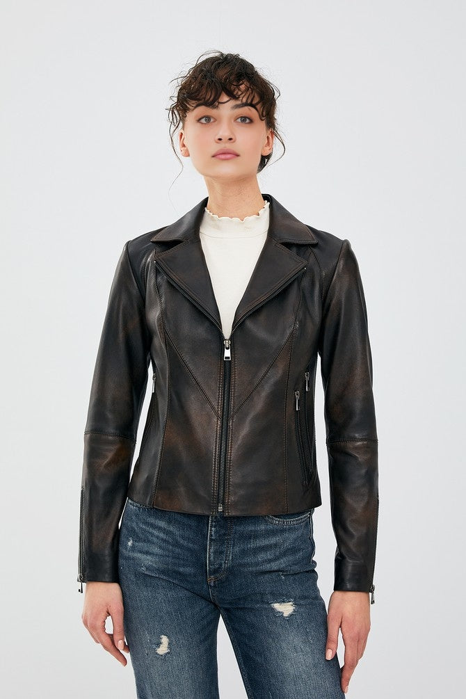 Natalie Distressed Black Waxed Sheepskin Leather Jacket