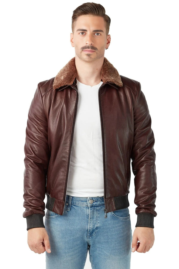 Harvey Men Brown Bomber Fur Collar Leather Jacket