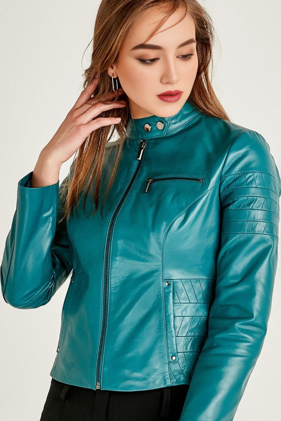 Azure Stylish Blue Leather Jacket For Women